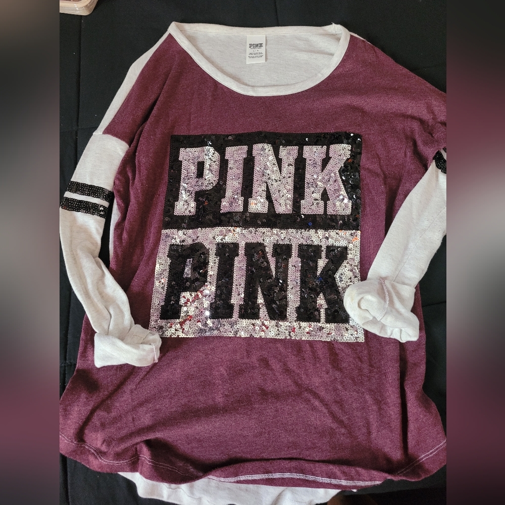 PINK Victoria's Secret Burgundy and White Long Sleeve Tee